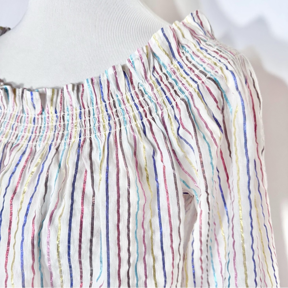 Boden Metallic Colorful Stripe Off The Shoulder Smocked 3/4 Sleeve Peasant Top S - Picture 3 of 13